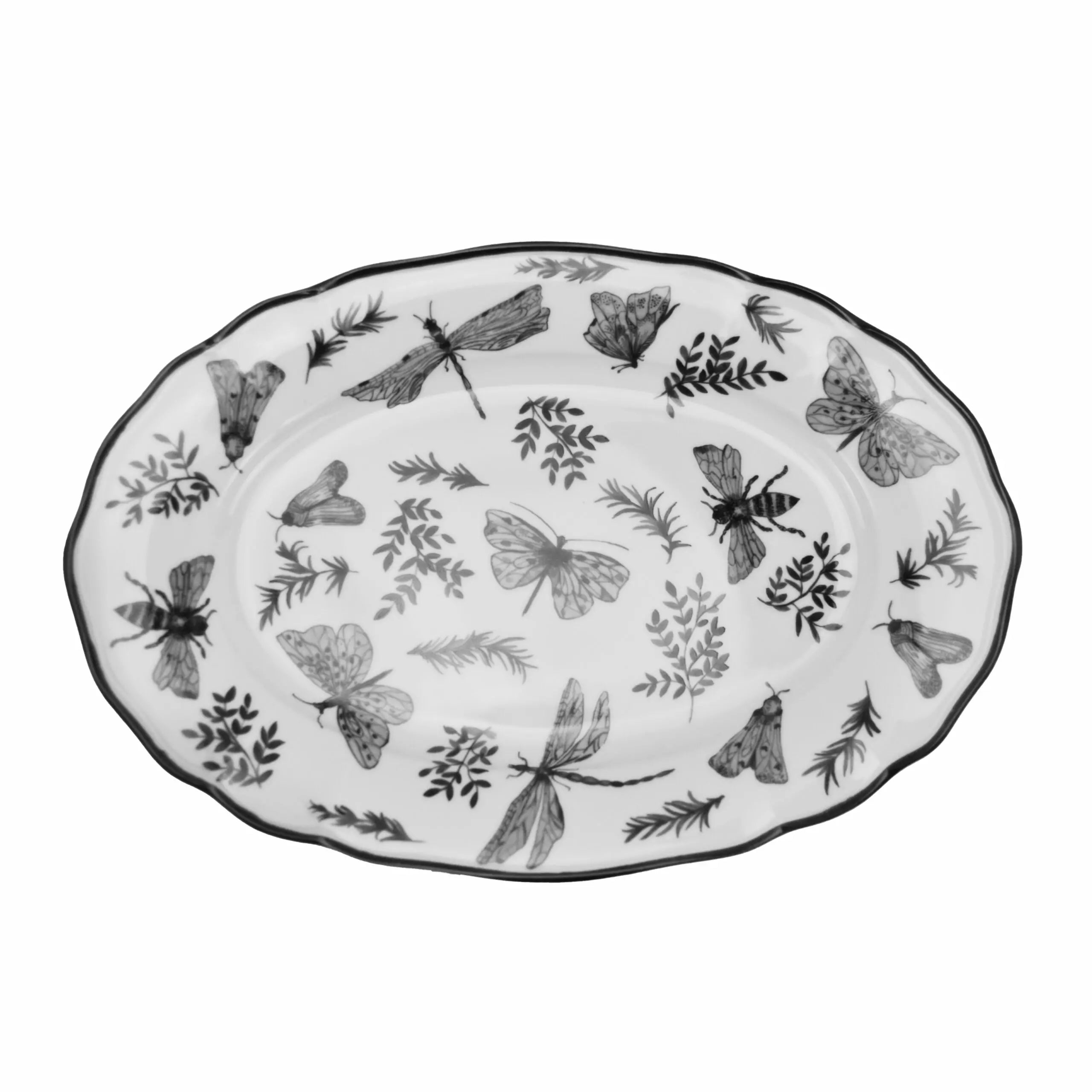 ARCUCCI – SONIA OVAL TRAY DIAMETER CM 36 PORCELAIN DECORATION WITH BUTTERFLIES AND FLOWERS - Black